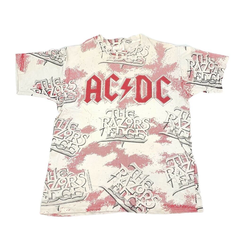 Vintage 1990 ACDC The Razors Edge All Over Print AOP T-Shirt Large Mens White